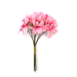 Buchet de flori textil cu perla si cristal 35x110 mm culoare roz - 6 bucati