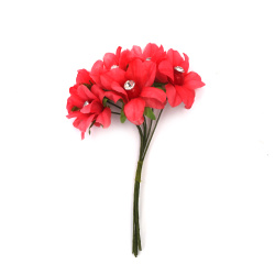 Fabric Flower Bouquet with Pearl and Crystal 35x110 mm, Red Color - 6 pieces