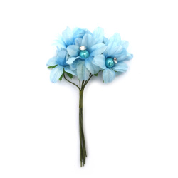 Fabric Flower Bouquet with Pearl and Crystal 35x110 mm, Blue Color - 6 pieces