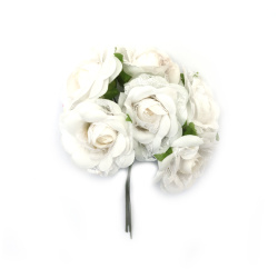 Textile and Lace Rose Bouquet   60x140 mm, White Color - 6 pieces