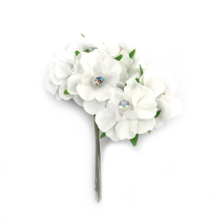 Fabric Flower Bouquet with Pearl and Crystal 35x120 mm, White Color - 6 pieces