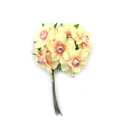 Fabric Flower Bouquet with Pearl and Crystal 35x120 mm, Light Yellow and Pink Melange - 6 pieces