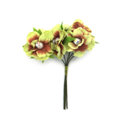 Fabric Flower Bouquet with Pearl and Crystal 35x120 mm, Reseda Green and Brown Melange - 6 pieces