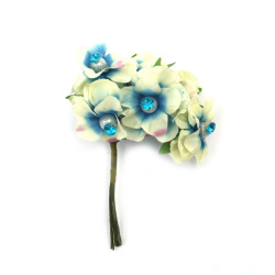 Fabric Flower Bouquet with Pearl and Crystal 35x120 mm, Champagne, Blue and Purple Melange - 6 pieces