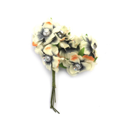 Fabric Flower Bouquet with Pearl and Crystal 35x120 mm, Champagne, Dark Blue and Peach Melange - 6 pieces