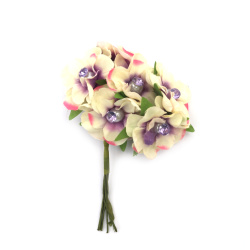 Fabric Flower Bouquet with Pearl and Crystal 35x120 mm, Champagne, Purple and Cyclamen Melange - 6 pieces