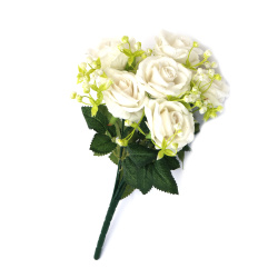 Buchet de trandafiri si gypsophila din stofa si plastic 350 mm culoare alb - 8 tulpini