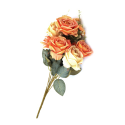 Bouquet of Roses and Flowers Made of Fabric and Plastic, 500 mm, Cream and Orange Melange - 11 Stems