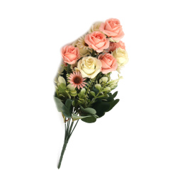 Bouquet of Roses and Daisies for Decoration, 420 mm, Peach and Cream Color - 10 Stems