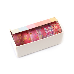 Bandă de hârtie washi pentru decorare, diverse tipuri, „Gentle Romance” 15 mm - 6 role x 2 metri