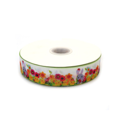 Rupturi late de satin de 25 mm cu iepuraș de Paște și pui - 3 metri