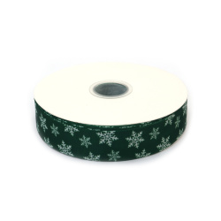 Weihnachts-Satin-Ripsband 25 mm, Dunkelgrün mit Schneeflocken – 3 m