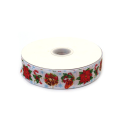 Stoc epuizat. Primeste notificare pe email cand produsul revine in stoc Rupturi late de satin de 25 mm cu simboluri de Crăciun - clopoței, baston, cizme și floare - 3 metri