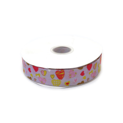 Grosgrain Satin Ribbon 25 mm, Pale Purple, Heart Design - 3 meters