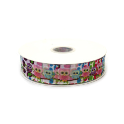 Ripsband (Grosgrain) Satin 25 mm, Weiß mit Eulen-auf-Ast-Motiv – 3 m