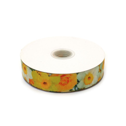 Grosgrain-Satinband 25 mm, gelbes Narzissen-Muster – 3 m