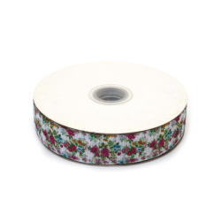 Grosgrain-Satinband (Ripsband) Dekoband 25 mm, Weiß mit kleinen Rosen und Wildblumen – 3 m