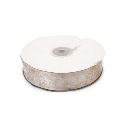Satinband 25 mm, weiß mit goldfarbenem Blumenmuster – 3 Meter