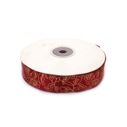 Satinband 25 mm, Rot mit goldfarbenem Blumenmuster - 3 m