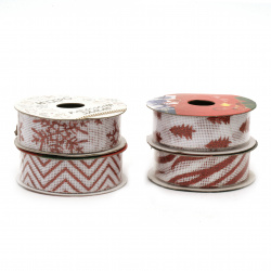 Burlap Ribbon / 25 mm / White with Red Glitter Christmas Print /  ASSORTED - 2.7 meters