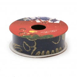 Burlap Ribbon 25 mm, Dark Blue Color, With Gold Patterns - 2.7 meters
