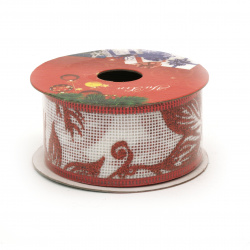 Bandă pânză de sac 38 mm cu margine din aluminiu culoare alb cu imprimeu brocart roșu motive de Crăciun -2,7 metri