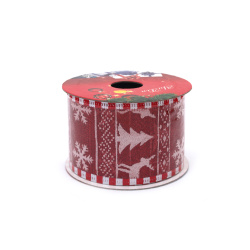 Panglică textilă 50 mm roșie cu margine din aluminiu și imprimeu motive de Crăciun brocart auriu -2,70 metri