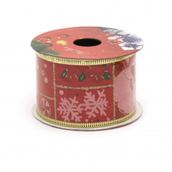 Panglică textilă 50 mm roșie cu margine din aluminiu și imprimeu color cu motive de Crăciun din brocart -2,70 metri