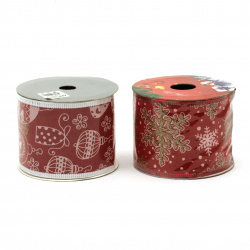Fabric Ribbon 60 mm / Red with Aluminum Edging and ASSORTED Printed Christmas Motives - 2.7 meters