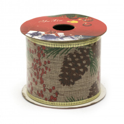 Stoc epuizat. Primeste notificare pe email cand produsul revine in stoc Panglică textilă 60 mm culoare naturală cu margine din aluminiu imprimeu Crăciun și brocart -2,7 metri