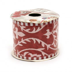 Bandă pânză de sac 60 mm roșu cu ornamente imprimate albe -2,7 metri