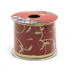 Panglică pânză de sac 60 mm roșu cu imprimeu de motive de Crăciun brocart auriu -2,7 metri
