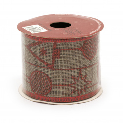 Burlap Ribbon 60 mm Natural Color, with Wired Edge & Red Glittered Pattern with Christmas motifs -2.7 meters