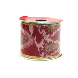 Burlap Ribbon 60 mm, Red Color, with Wired Edge and Glittered Christmas Tree Print Pattern ~2.7 meters