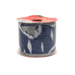 Burlap Ribbon 60 mm, Blue Color, with Wired Edge and Glittered Christmas Tree Print Pattern ~2.7 meters