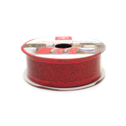 Christmas Organza Ribbon with Aluminum Edging and Glitter / Red color / 25 mm / ~2.70 meters