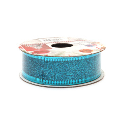 Christmas Organza Ribbon with Aluminum Edging and Glitter / Blue color  / 25 mm / ~2.70 meters