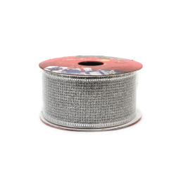 Mesh Ribbon with Aluminum Edging and Glitter for Christmas Decoration / 40 mm / Silver ~ 2.70 meters