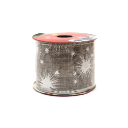 Burlap Ribbon 60 mm, Color Gray with Aluminum Edging and White Christmas print ~2.7 meters