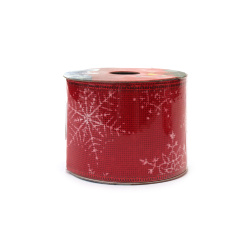 Panglică 60 mm culoare roșie cu margine din aluminiu și imprimeu alb de Crăciun ~2,7 metri
