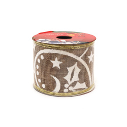 Burlap Ribbon with Gold Aluminum Edging and White Christmas Print / 60 mm ~ 2.7 meters