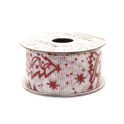 White Burlap Ribbon with Red Christmas Print / 38 mm ~ 2.7 meters