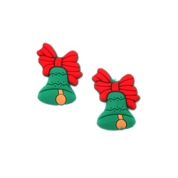 Rubber Figurine, 25x33x3 mm, Christmas Bell with Ribbon, Green and Red - Set of 10