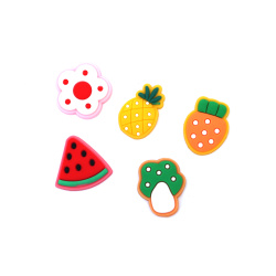 Rubber Figurine, 15~23x21~23x2.5~3.5 mm, Assorted Fruits and Vegetables, Mixed Colors - Set of 10