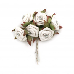 Цвете зебло за декорация роза с камъче 25x90 мм цвят бял букет -6 броя