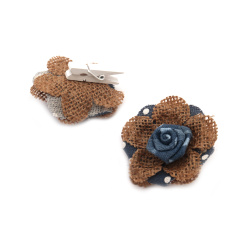 Burlap Flower for Decoration, 50x50x28 mm, Rose with Mini Clothespin Clip - 2 pieces