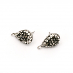 Drop-shaped Stud Earrings with Polymer Clay and Rhinestones / 15.5x18, Stud: 11 mm, Hole: 2 mm / Silver and Black - 2 pieces