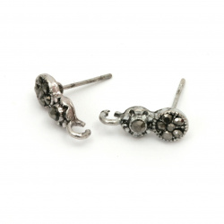 Metal Stud Tip for Earrings with Crystals / 16x14x6 mm, Stud: 13 mm, Hole: 1 mm / Silver - 2 pieces