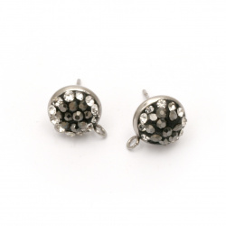 Round Metal Stud Earrings with Polymer and Crystals / 16x13, Stud: 11 mm, Hole: 1.5 mm / Silver and Black - 2 pieces