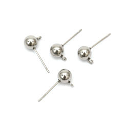 Base for Earrings,  Posts Metal Stainless Steel 18x9 mm, Round Ball Stud, with Ring, Jewelry Making Findings, Hole: 2 mm, Silver color - 4 pieces